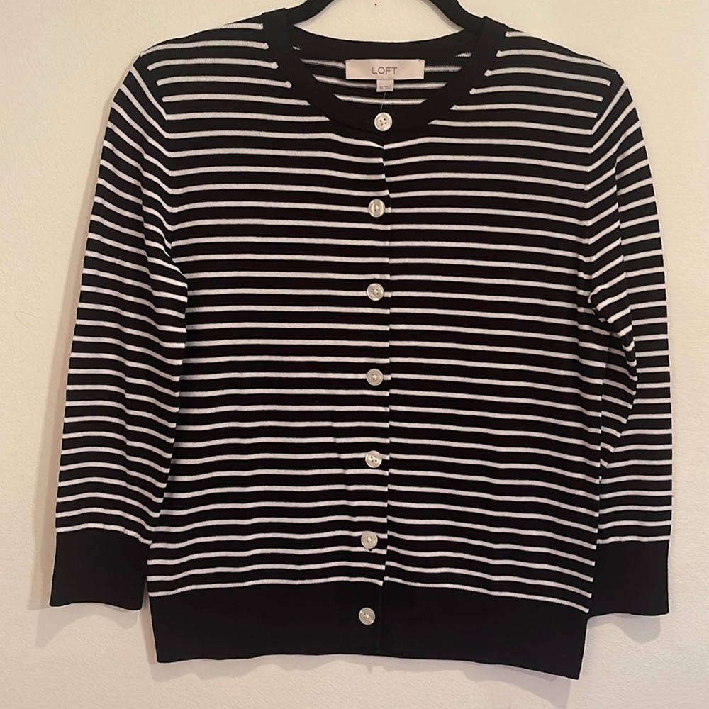 LOFT Black White Striped 3/4 sleeve Lightweight Cardigan